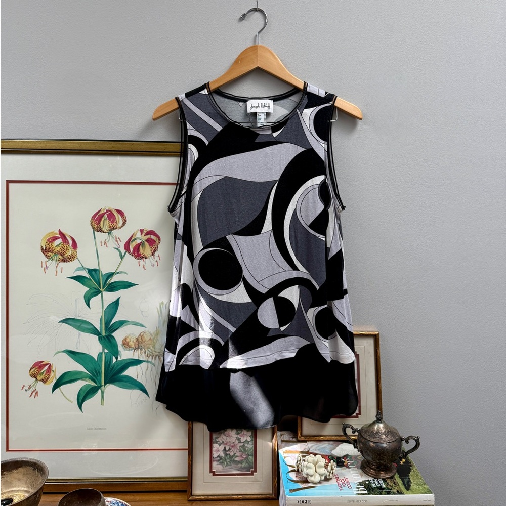 Joseph Ribkoff Black, White, & Grey Sleeveless 70s Inspired Patterned Blouse